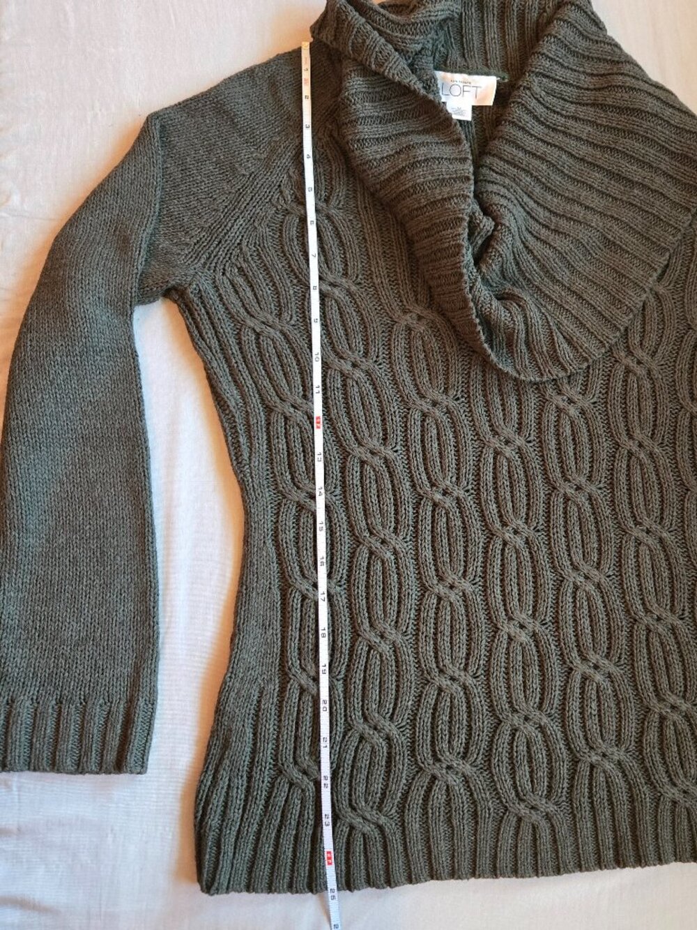 LOFT Cowl Collar Cable Knit Sweater Medium Olive Gray - Picture 6 of 13